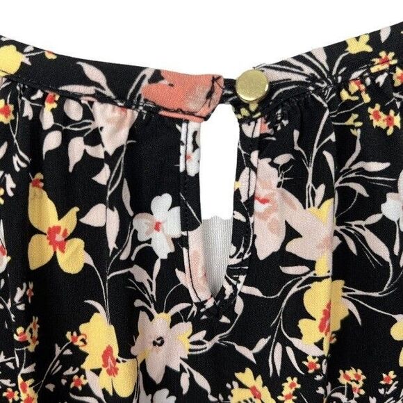 Liz Claiborne Blouse Size OX Black Floral Slinky Keyhole Pleated Front Work Top - Picture 5 of 11